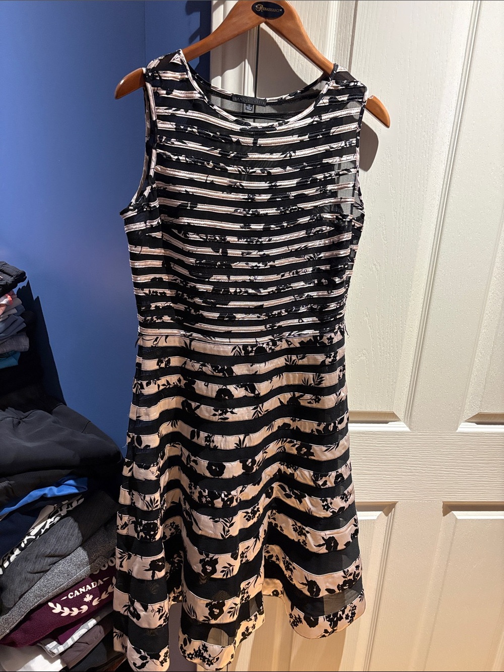 Sandra Darren Lattice Sheer Accent Dress Black & Cream Striped Floral Midi Dress